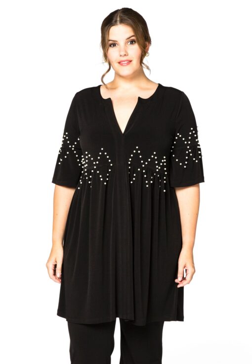 Yoek Tunic ruffled pearls | Zwart | Maat 58/60