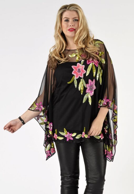 Yoek Tunic square roses beading | Zwart | Maat M
