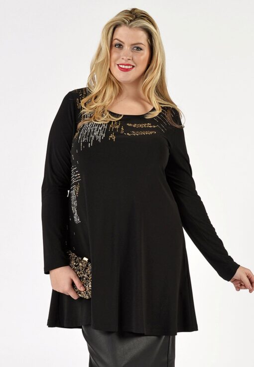 Yoek Shirt strass wide bottom | Zwart | Maat XXL