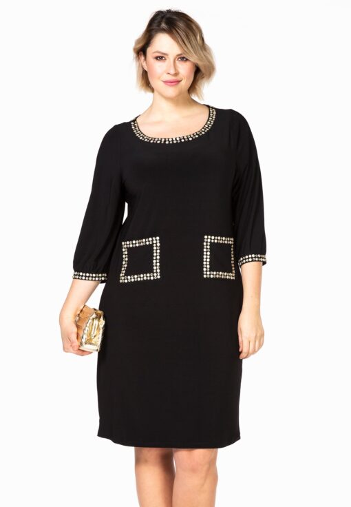 Yoek Dress strass trimmed | Zwart | Maat 50/52