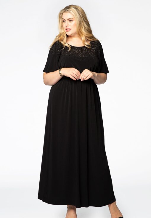 Yoek Maxi jurk met strass | Zwart | Maat 54/56