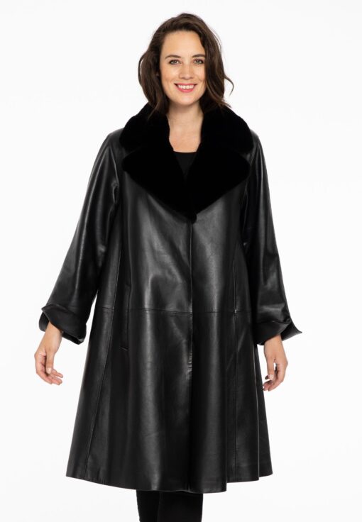 Yoek Mantel met bontkraag LEATHER | Zwart | Maat 54