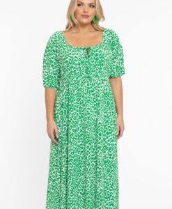 Yoek Jurk met gesmokte taille GREEN LEO | Groen | Maat 50/52