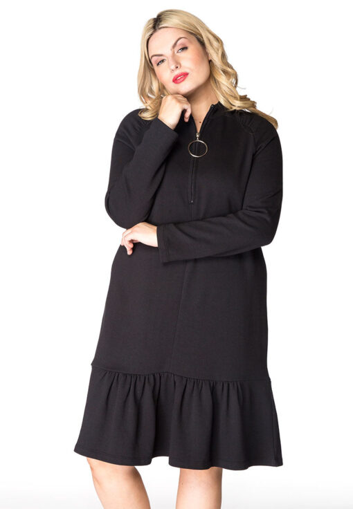 Yoek Dress-sweater ruffled | Zwart | Maat Plus