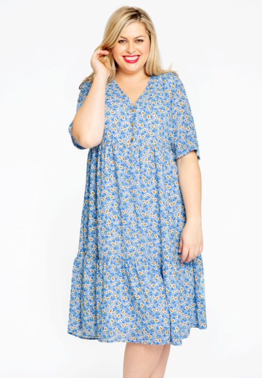 Yoek Jurk met volants DAISY | Blauw | Maat 58/60