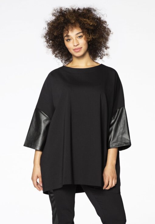 Yoek Shirt met imitatieleren mouwen | Zwart | Maat 50/52