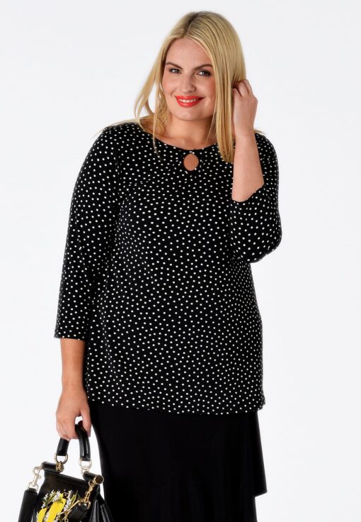 Yoek Shirt relax met opening DOTS | Zwart | Maat Plus