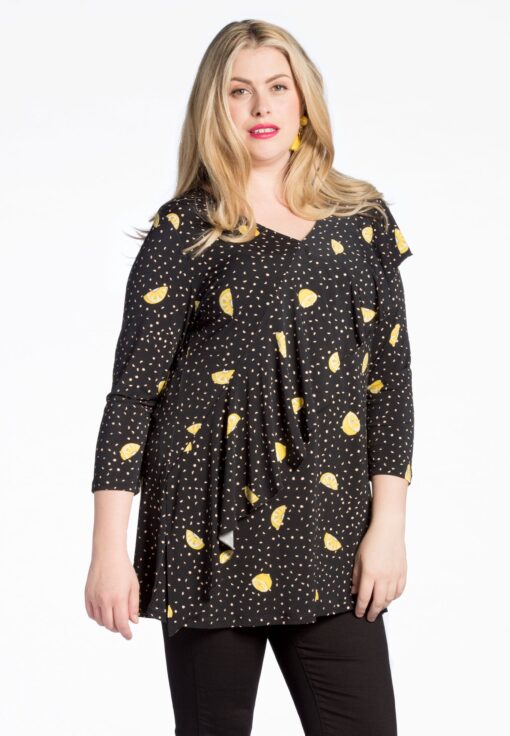 Yoek Tuniek flare met volant LEMON | Zwart | Maat Plus