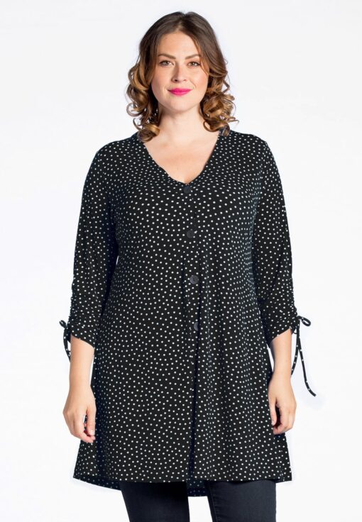 Yoek Cardigan wide bot string DOTS | Zwart | Maat Plus