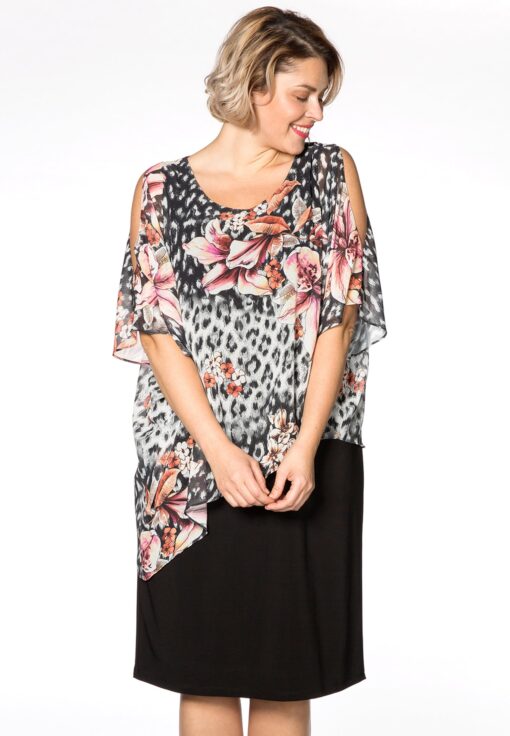 Yoek Jurk met top LEOFLOWER | Zwart | Maat Plus