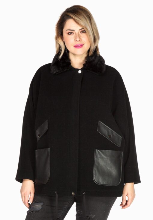 Yoek Jacket wide fur collar | Zwart | Maat XXL/+