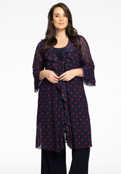 Yoek Cardi-Blouse met ruches Dots | Blauw | Maat 58/60