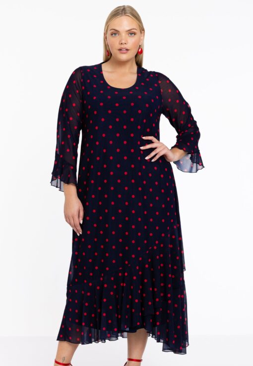 Yoek Jurk met ruches DOTS | Blauw | Maat 58/60