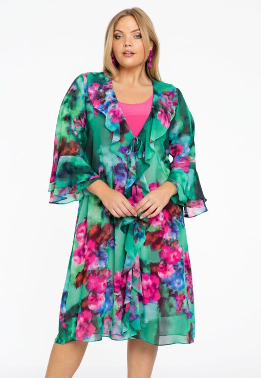 Yoek Cardi blouse met ruches | Groen | Maat 58/60