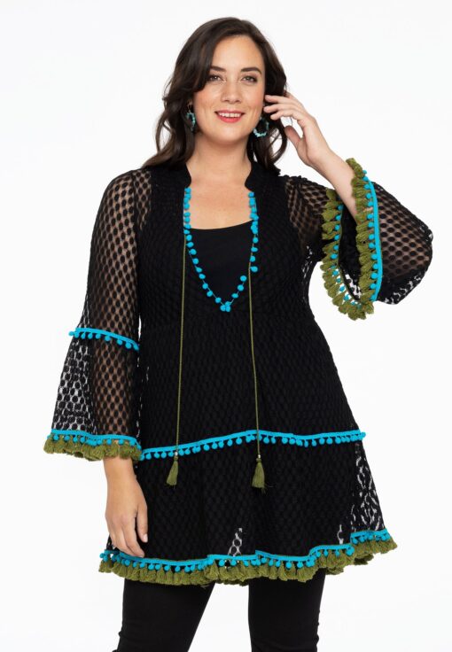 Yoek Blouse pompon | Zwart | Maat 46/48