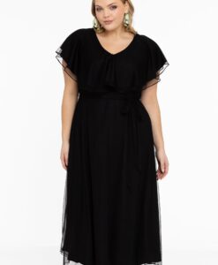 Yoek Jurk met ruches V-hals MESH | Zwart | Maat 58/60