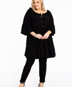 Yoek Tuniek met ruches off-shoulder | Zwart | Maat 38/40