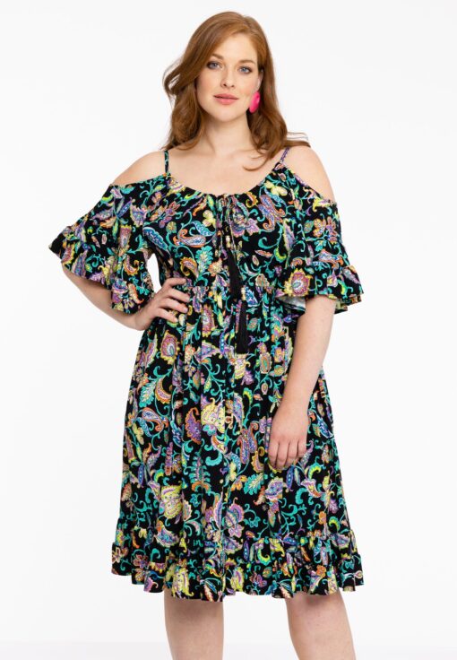 Yoek Jurk off shoulder FOLK | Zwart | Maat 54/56