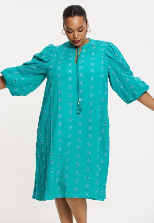 Yoek Jurk broderie anglaise | Turquoise | Maat 46/48