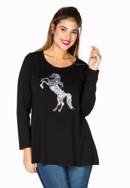 Yoek Tunic flare paillet horse | Zwart | Maat 46/48