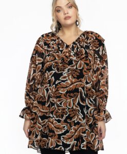 Yoek Tunic frilled V-neck BOTANIQUE | Zwart | Maat 42/44
