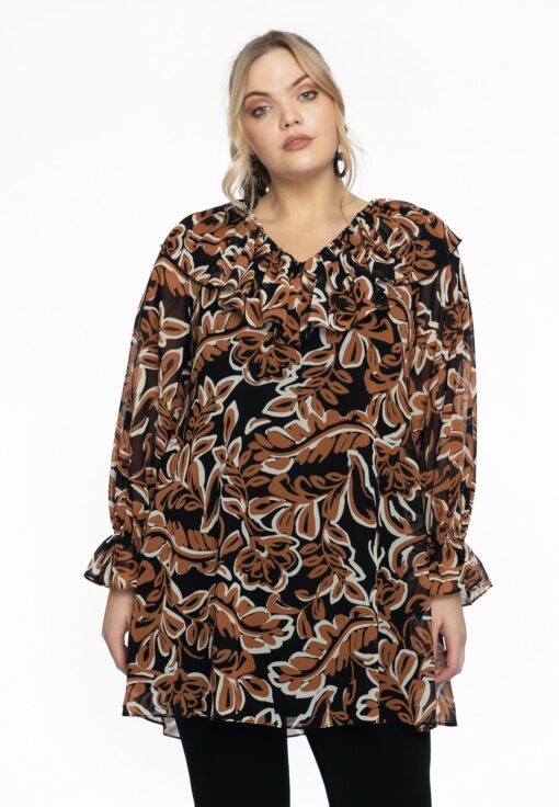 Yoek Tunic frilled V-neck BOTANIQUE | Zwart | Maat 42/44