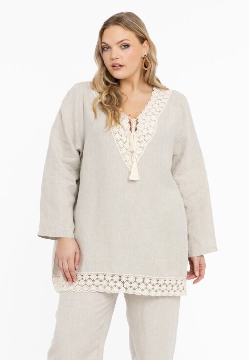 Yoek Wijde blouse met kant | Licht Bruin | Maat 50/52