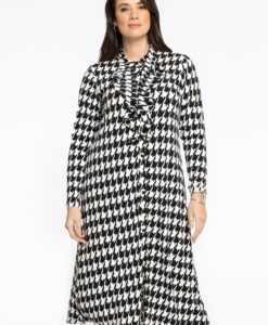 Yoek Blouse jurk met ruches PIED DE POULE | Zwart | Maat 54/56