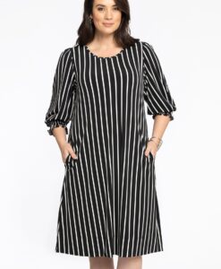 Yoek Jurk met pofmouwen STRIPES | Zwart | Maat 50/52