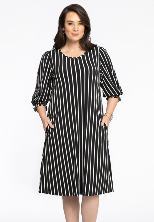 Yoek Jurk met pofmouwen STRIPES | Zwart | Maat 50/52