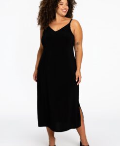 Yoek Spaghetti jurk met V-hals | Zwart | Maat 38/40