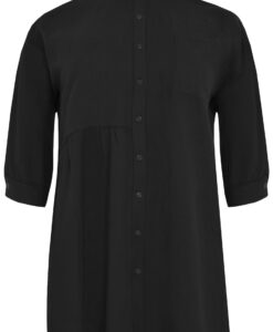 Yoek Blouse met plooien linnen | Zwart | Maat 46/48