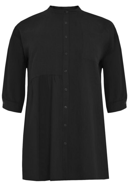 Yoek Blouse met plooien linnen | Zwart | Maat 46/48