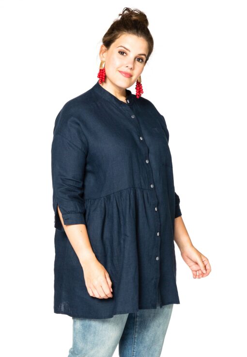 Yoek Blouse met plooien linnen | Blauw | Maat 58/60