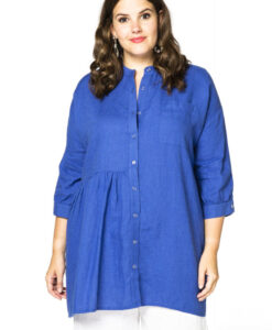 Yoek Blouse met plooien linnen | Licht Blauw | Maat 50/52