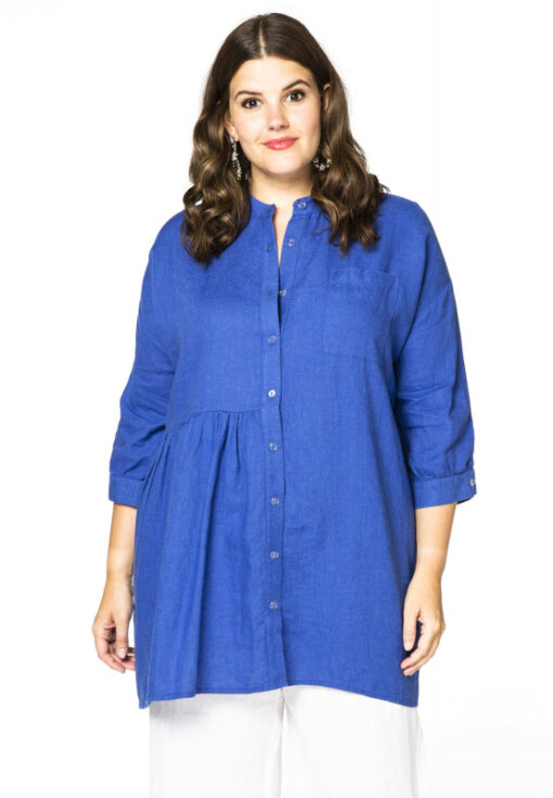Yoek Blouse met plooien linnen | Licht Blauw | Maat 50/52