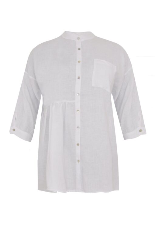 Yoek Blouse met plooien linnen | Wit | Maat 46/48