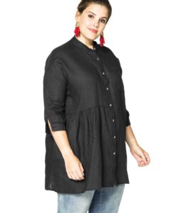 Yoek Blouse met plooien linnen | Zwart | Maat 38/40