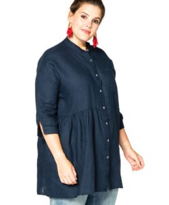 Yoek Blouse met plooien linnen | Blauw | Maat 50/52