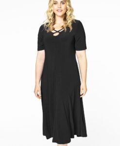 Yoek Midi jurk met bandjes | Zwart | Maat 38/40
