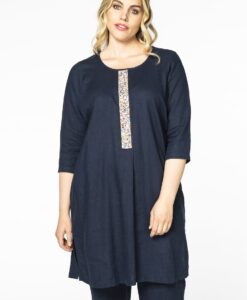 Yoek Jurk met kralen linnen | Blauw | Maat 38/40