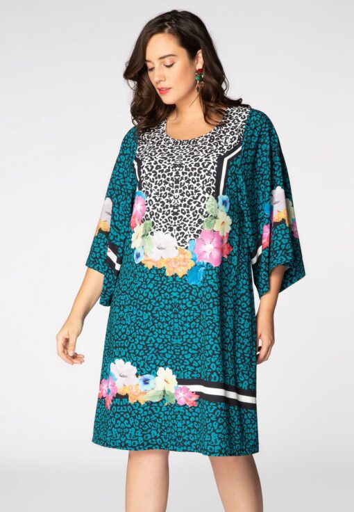 Yoek Jurk met wijde mouwen LEO FLOWER | Blauw | Maat 58/60