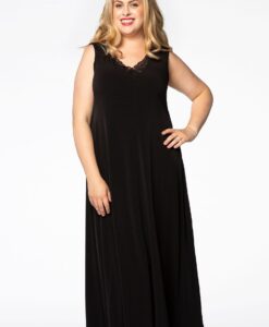 Yoek Maxi jurk met kant | Zwart | Maat 54/56
