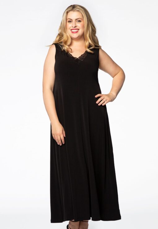 Yoek Maxi jurk met kant | Zwart | Maat 54/56