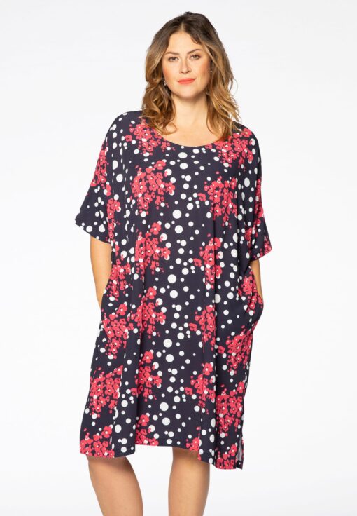 Yoek Wijde jurk FLORI DOT | Blauw | Maat 42/44