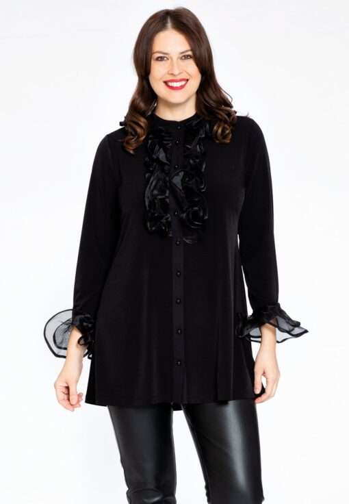 Yoek Tuniek flare met ruches | Zwart | Maat 42/44