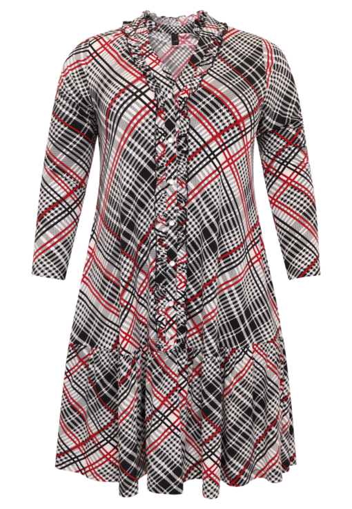 Yoek Jurk met ruches CHECK | Zwart | Maat 54/56
