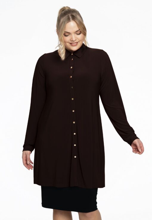 Yoek Blouse met gouden knoopjes | Bruin | Maat 54/56