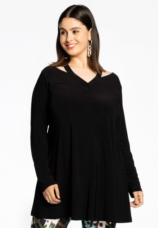 Yoek Tuniek wide bottom met cut-out | Zwart | Maat 50/52