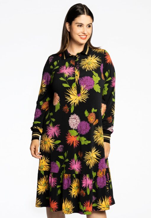 Yoek Jurk met ruches CHRYSANT | Zwart | Maat 46/48